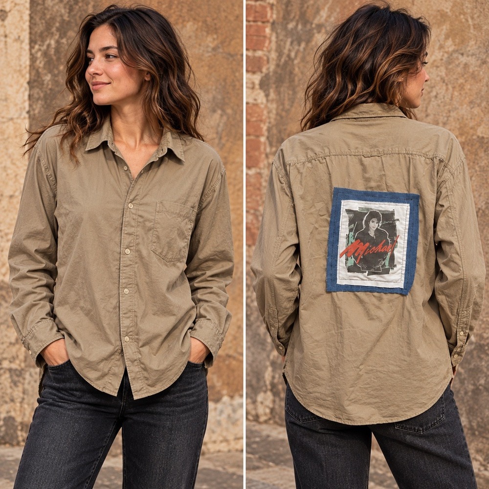 Upcycled Michael Jackson L Back Patch Khaki Shirt Streetwear Music